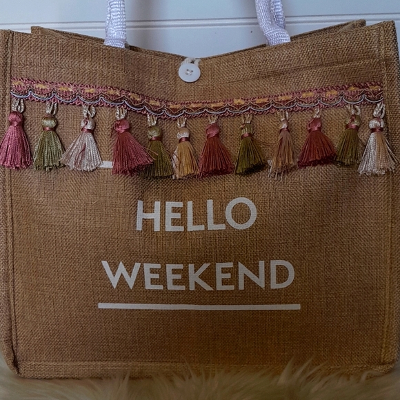 Hello Weekend Linen Look Tassled Canvas Tote Bag - Picture 3 of 12